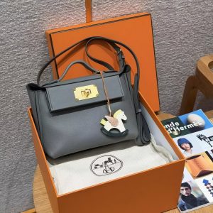 Hermes Kelly Mini 2424 24/24 Bag 21CM Handmade In Evercolor and Swift Calfskin Leather Gold Hardware 0L Gris Meyer - Image 13