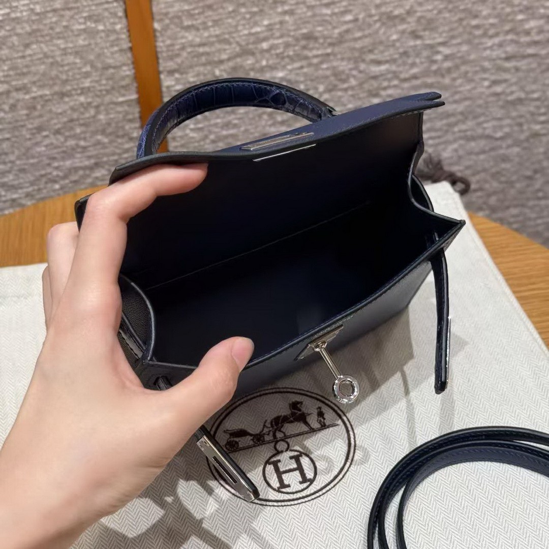 Hermes Kelly Mini 2 19CM Bag Handmade In Madame and Alligator Imported Leather from Mississippi Silver Hardware 73 Blue Saphir - Image 13