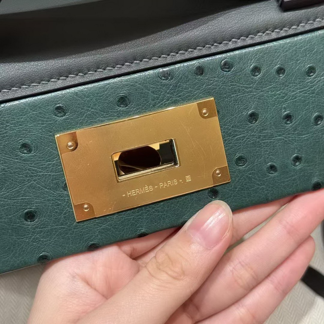 Hermes Kelly Mini 2424 24/24 Bag 21CM Handmade In Swift Calfskin Leather KK Ostrich Gold Hardware Vo Vert Rousseau - Image 17