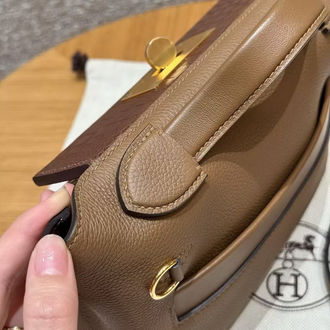 Hermes Kelly Mini 2424 24/24 Bag 21CM Handmade In Togo Calfskin Leather Matte American Crocodile Gold Hardware 3G Alezan - Image 10