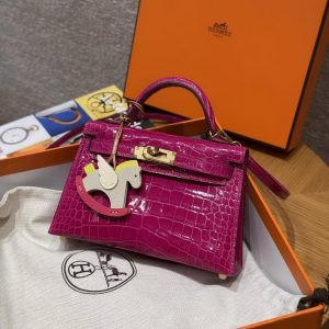 Hermes Kelly Mini 2 19CM Bag Handmade In Bright Faced Alligator Leather from Mississippi Gold Hardware J5 Rose Scheherazade - Image 13