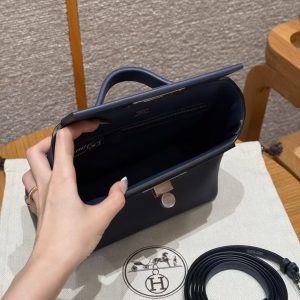 Hermes Kelly Mini 2424 24/24 Bag 21CM Handmade In Evercolor and Swift Calfskin Leather Silver Hardware 73 Blue Saphir - Image 23