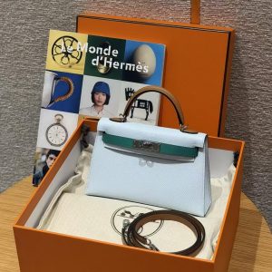 Hermes Kelly Mini 2 19CM Bag Handmade In Epsom Calfskin Leather Silver Hardware T0 Blue Brume 37 Gold O6 Vert Jade - Image 3