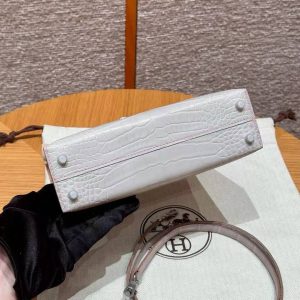 Hermes Kelly Mini 2 19 CM Bag Handmade In Matte Alligator Leather from Mississippi Sliver Hardware 80 Pearl Gray 5P Pink - Image 23