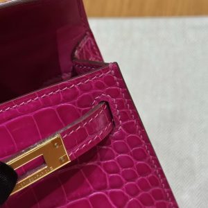 Hermes Kelly Mini 2 19CM Bag Handmade In Bright Faced Alligator Leather from Mississippi Gold Hardware J5 Rose Scheherazade - Image 7