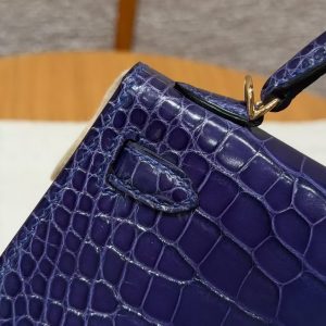 Hermes Kelly Mini 2 19CM Bag Handmade In Bright Faced Alligator Leather from Mississippi Gold Hardware M3 Blue Encer - Image 14