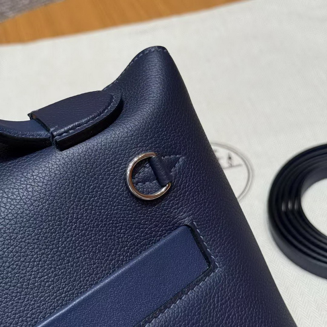 Hermes Kelly Mini 2424 24/24 Bag 21CM Handmade In Evercolor and Swift Calfskin Leather Silver Hardware 73 Blue Saphir - Image 19
