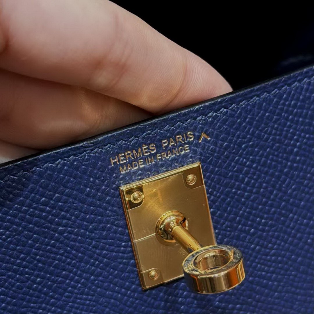 Hermes Kelly Mini 2 19CM Bag Handmade In Epsom Calfskin Leather and Bright Faced American Alligator Gold Hardware 73 Blue Saphir - Image 14