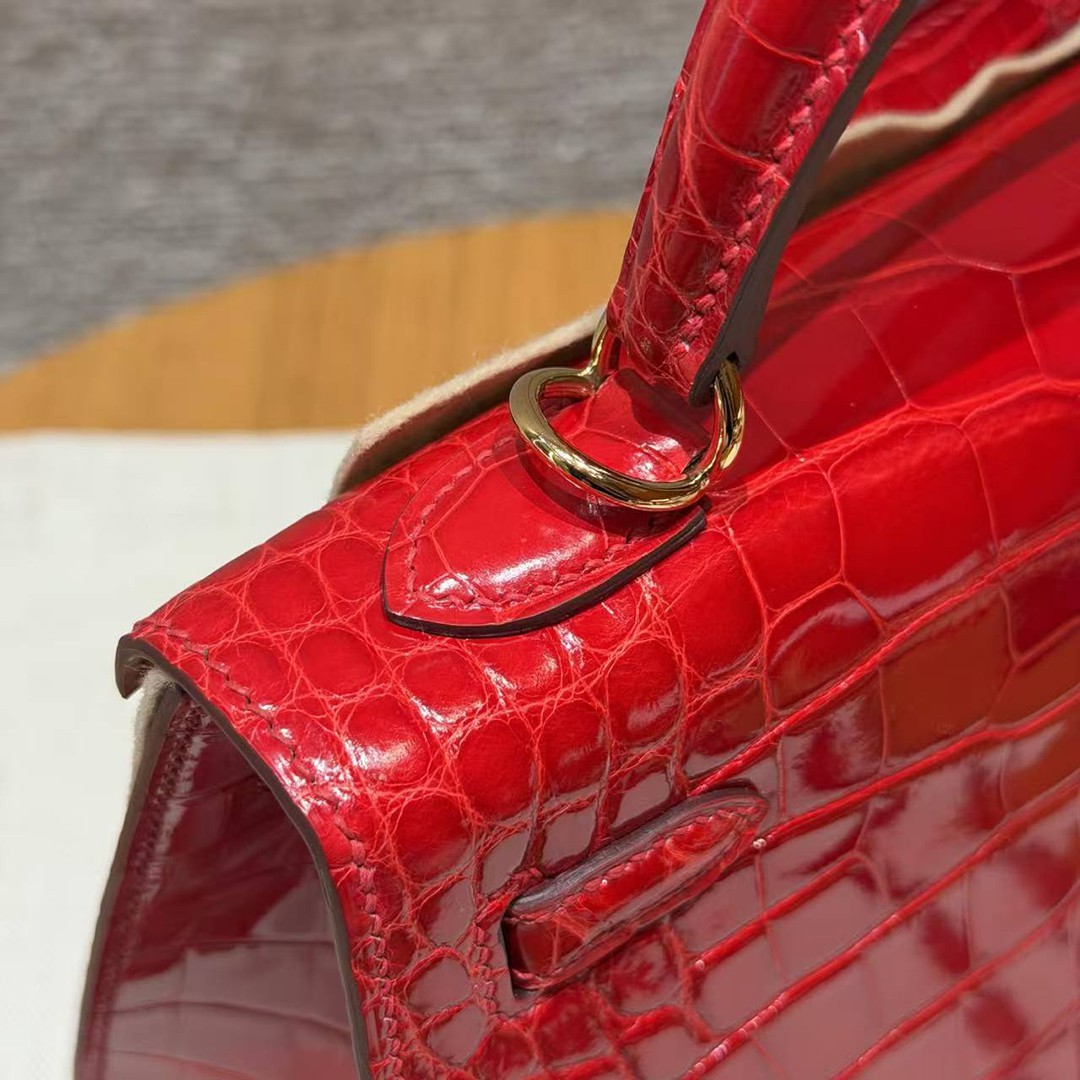 Hermes Kelly 25 Bag Handmade In Bright Faced Alligator Leather from Mississippi Gold Hardware 95 Braise - Image 7