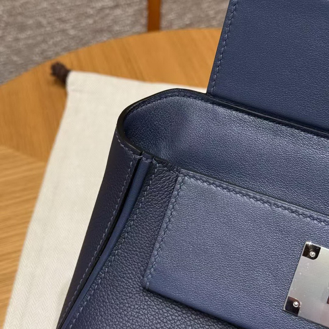 Hermes Kelly Mini 2424 24/24 Bag 21CM Handmade In Evercolor and Swift Calfskin Leather Silver Hardware 73 Blue Saphir - Image 5