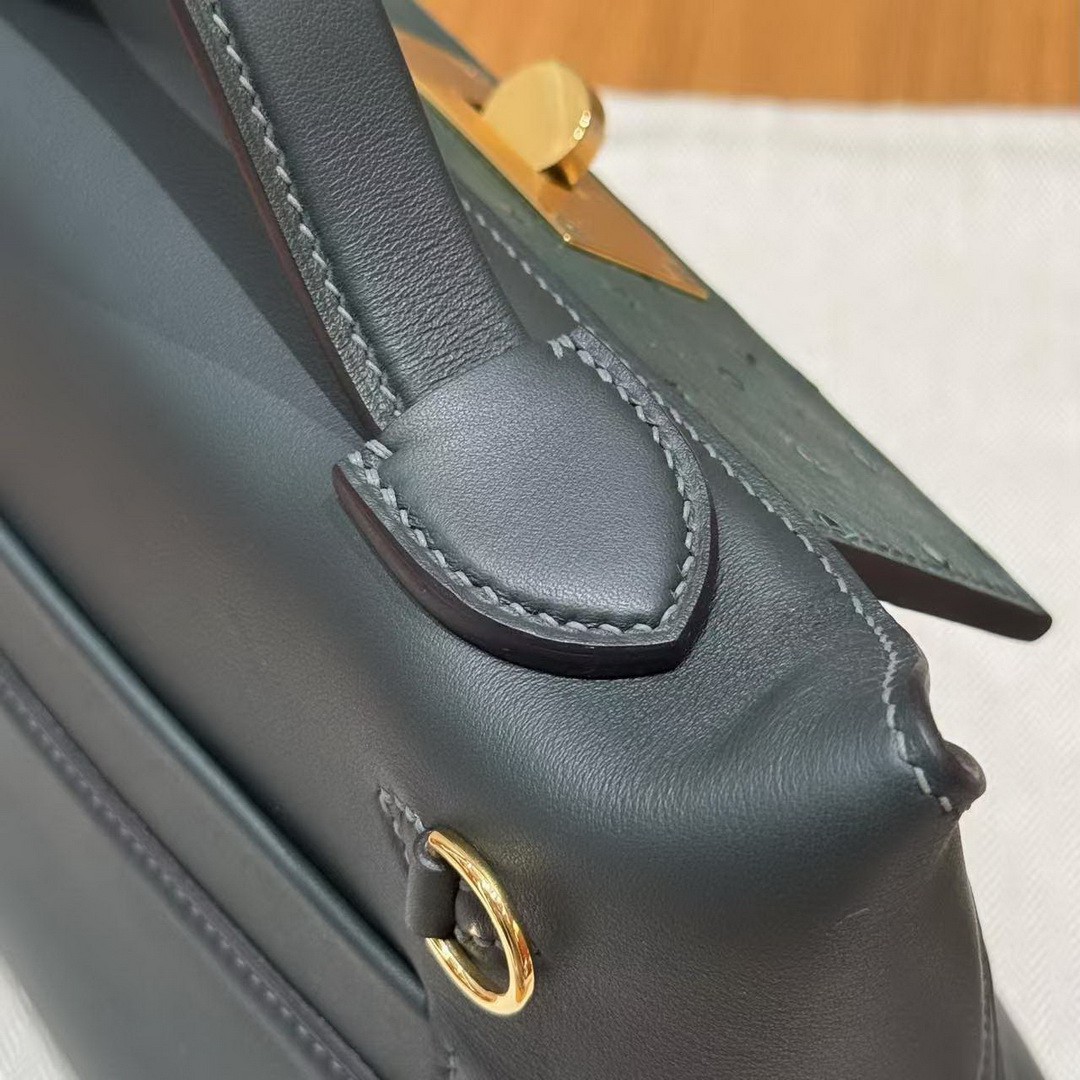 Hermes Kelly Mini 2424 24/24 Bag 21CM Handmade In Swift Calfskin Leather KK Ostrich Gold Hardware Vo Vert Rousseau - Image 12