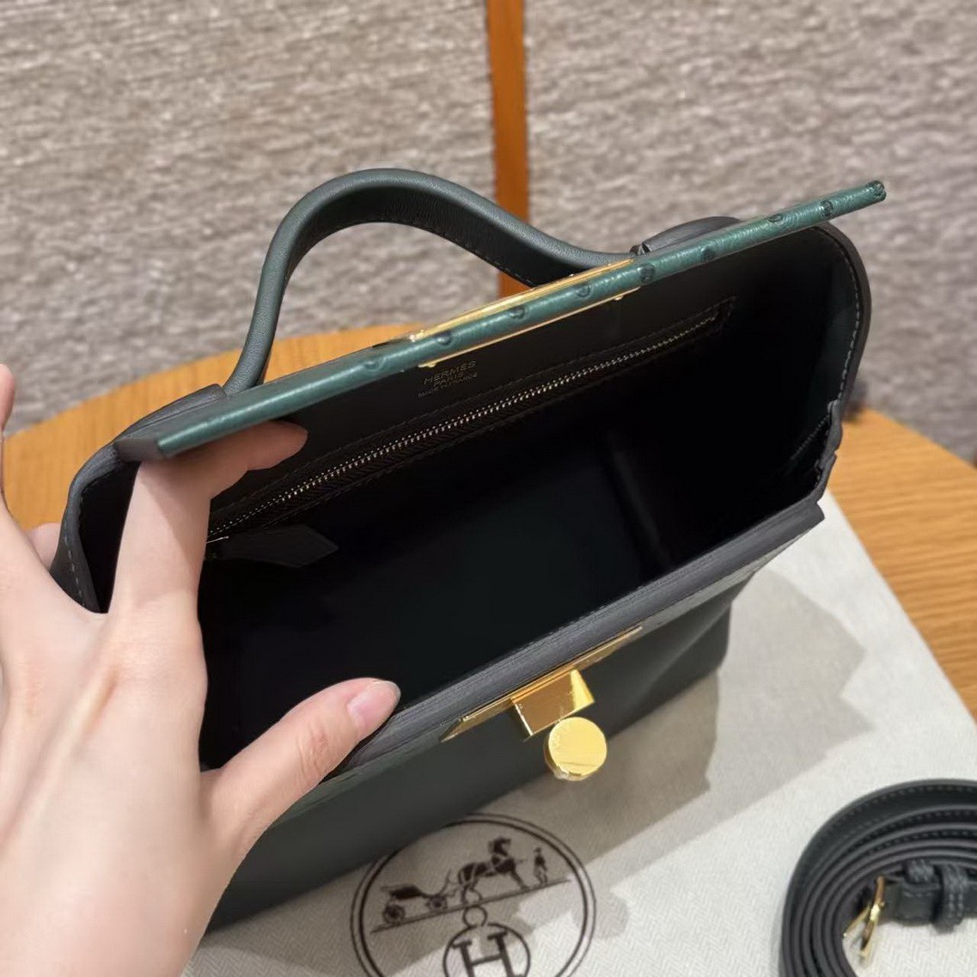 Hermes Kelly Mini 2424 24/24 Bag 21CM Handmade In Swift Calfskin Leather KK Ostrich Gold Hardware Vo Vert Rousseau - Image 18