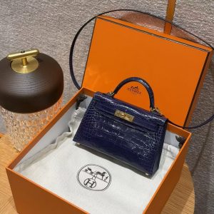 Hermes Kelly Mini 2 19CM Bag Handmade In Bright Faced Alligator Leather from Mississippi Gold Hardware M3 Blue Encer - Image 12