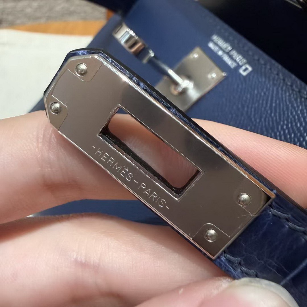Hermes Kelly Mini 2 19CM Bag Handmade In Madame and Alligator Imported Leather from Mississippi Silver Hardware 73 Blue Saphir - Image 17