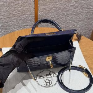 Hermes Kelly Mini 2 19CM Bag Handmade In Bright Faced Alligator Leather from Mississippi Gold Hardware M3 Blue Encer - Image 17