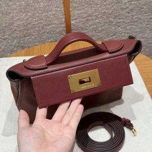 Hermes Kelly Mini 2424 24/24 Bag 21CM Handmade In Evercolor and Swift Calfskin Leather Gold Hardware 55 Rouge H - Image 9