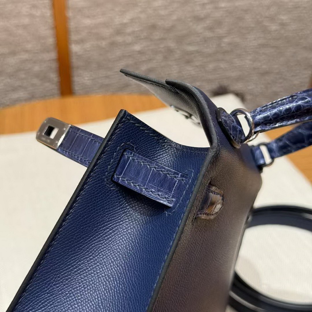 Hermes Kelly Mini 2 19CM Bag Handmade In Madame and Alligator Imported Leather from Mississippi Silver Hardware 73 Blue Saphir - Image 12