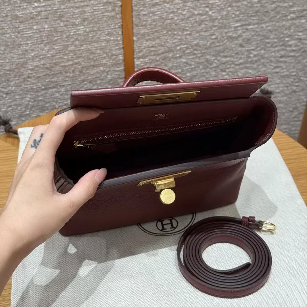 Hermes Kelly Mini 2424 24/24 Bag 21CM Handmade In Evercolor and Swift Calfskin Leather Gold Hardware 55 Rouge H - Image 14