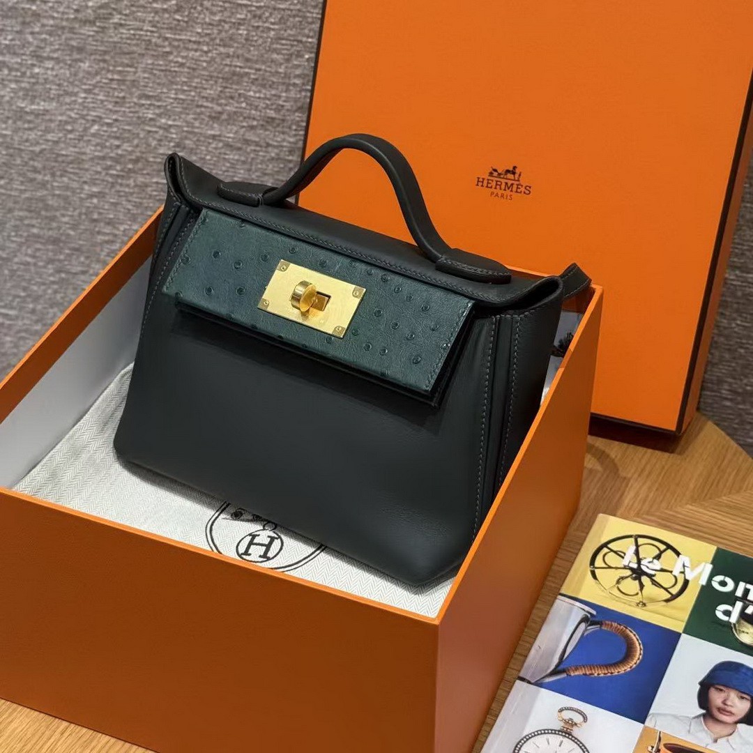 Hermes Kelly Mini 2424 24/24 Bag 21CM Handmade In Swift Calfskin Leather KK Ostrich Gold Hardware Vo Vert Rousseau - Image 3