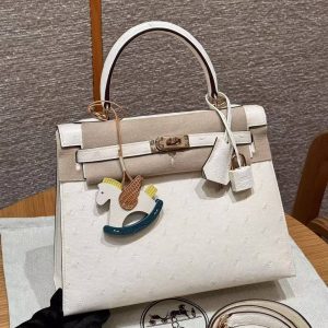 Hermes Kelly 25 Bag Handmade In KK Ostrich Imported Leather From South Africa Rose Gold Hardware 8L Beton