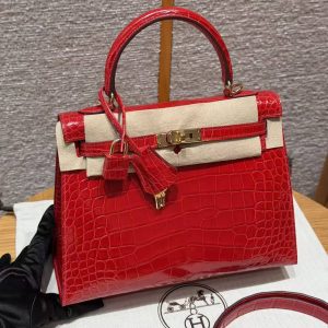 Hermes Kelly 25 Bag Handmade In Bright Faced Alligator Imported Leather from Mississippi Gold Hardware 95 Braise