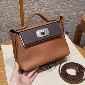 Hermes Kelly 2424 24/24 Bag 21CM Handmade In Evercolor and Swift Calfskin Leather Silver Hardware 37 Gold 0G Rouge Sellier 09 Mauve Pale