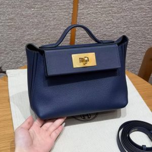 Hermes Kelly 2424 24/24 Bag 21CM Handmade In Evercolor and Swift Calfskin Leather Gold Hardware 73 Blue Saphir
