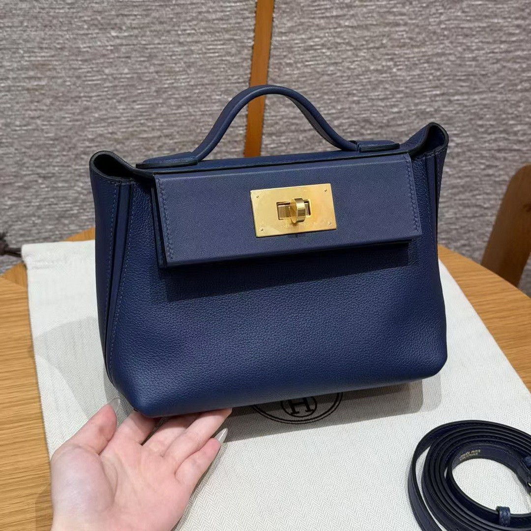 Hermes Kelly 2424 24/24 Bag 21CM Handmade In Evercolor and Swift Calfskin Leather Gold Hardware 73 Blue Saphir