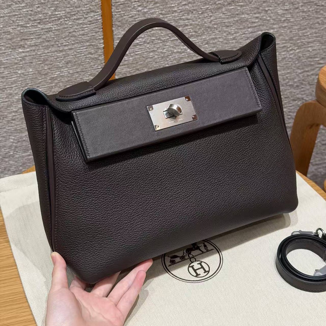 Hermes Kelly 2424 24/24 Bag 29CM Handmade In Evercolor and Swift Calfskin Leather Silver Hardware 47 Chocolate