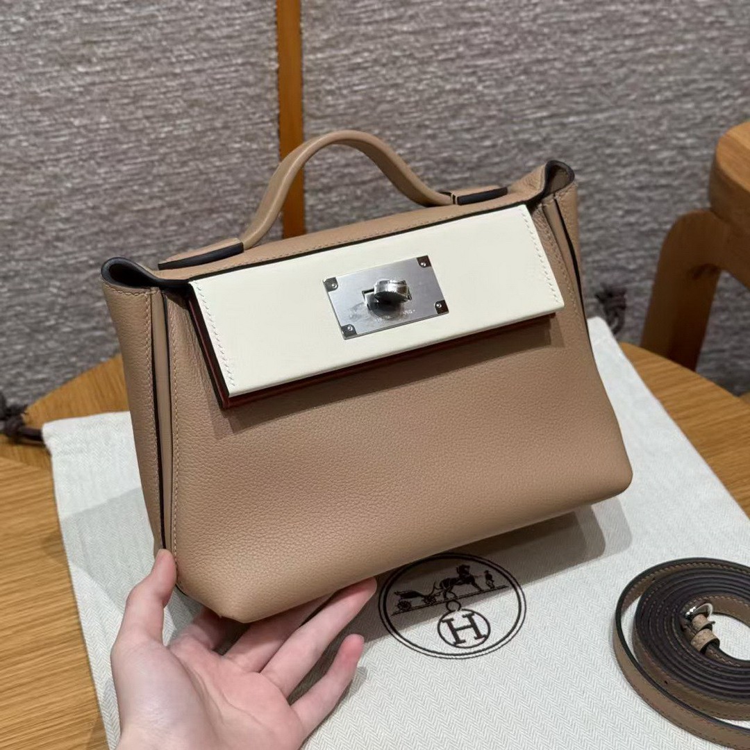 Hermes Kelly 2424 24/24 Bag 21CM Handmade In Evercolor and Swift Calfskin Leather Silver Hardware 0M Chai l2 Nata 6C Cuivre