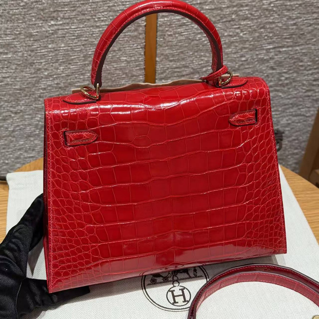 Hermes Kelly 25 Bag Handmade In Bright Faced Alligator Leather from Mississippi Gold Hardware 95 Braise - Image 2