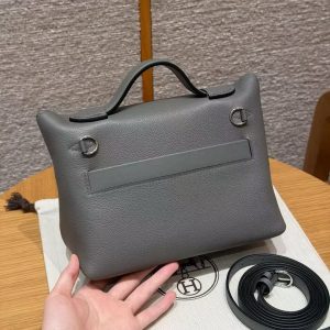 Hermes Kelly 2424 24/24 Bag 21CM Handmade In Evercolor and Swift Calfskin Leather Silver Hardware 8F Girs Etain - Image 2