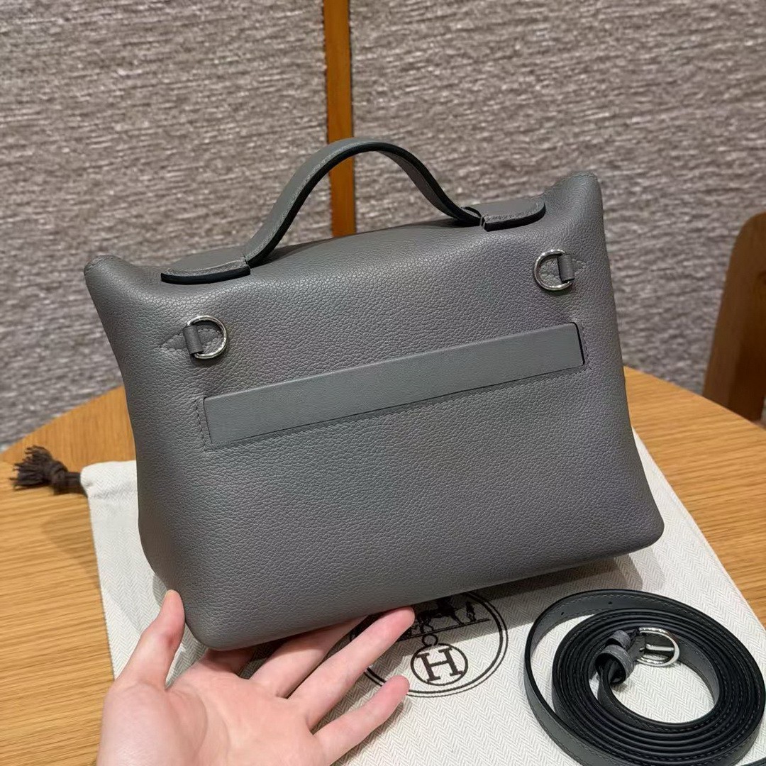 Hermes Kelly 2424 24/24 Bag 21CM Handmade In Evercolor and Swift Calfskin Leather Silver Hardware 8F Girs Etain - Image 2