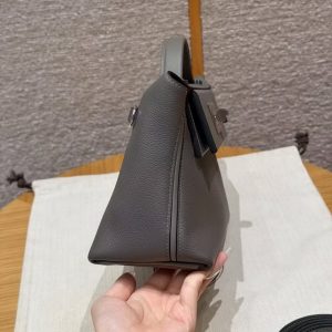 Hermes Kelly 2424 24/24 Bag 21CM Handmade In Evercolor and Swift Calfskin Leather Silver Hardware 0L Gris Meyer - Image 18