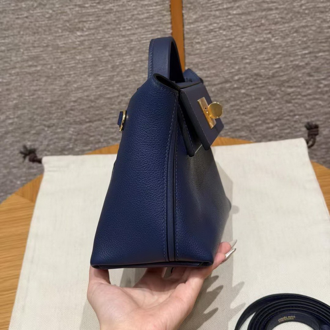 Hermes Kelly 2424 24/24 Bag 21CM Handmade In Evercolor and Swift Calfskin Leather Gold Hardware 73 Blue Saphir - Image 18