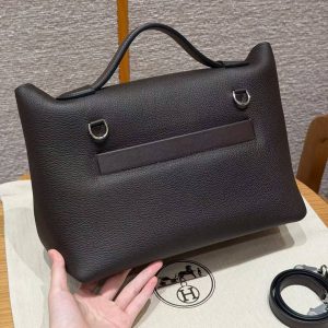 Hermes Kelly 2424 24/24 Bag 29CM Handmade In Evercolor and Swift Calfskin Leather Silver Hardware 47 Chocolate - Image 15