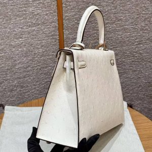 Hermes Kelly 25 Bag Handmade In KK Ostrich Imported Leather From South Africa Rose Gold Hardware 8L Beton - Image 17