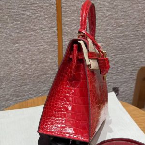 Hermes Kelly 25 Bag Handmade In Bright Faced Alligator Leather from Mississippi Gold Hardware 95 Braise - Image 19
