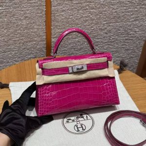 Hermes Kelly Mini 2 19CM Bag Handmade In Bright faced Alligator Leather Silver Diamond Hardware J5 Rose Scheherazade