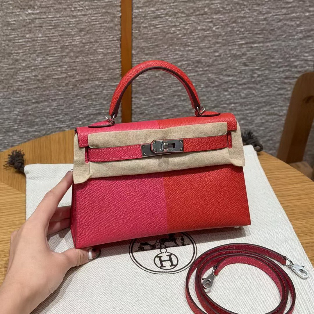 Hermes Kelly Mini 2 19CM Bag Handmade In Epsom Calfskin Leather Silver Hardware l6 Rose Extreme S3 Rouge Coeur B3 Blue Zanzibar