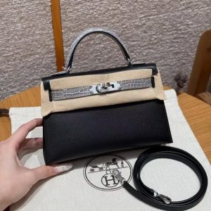 Hermes Kelly Mini 2 19CM Bag Handmade In Madame and Bright faced American Alligator Leather Silver Hardware 89 Noir 0V Gris Ciment