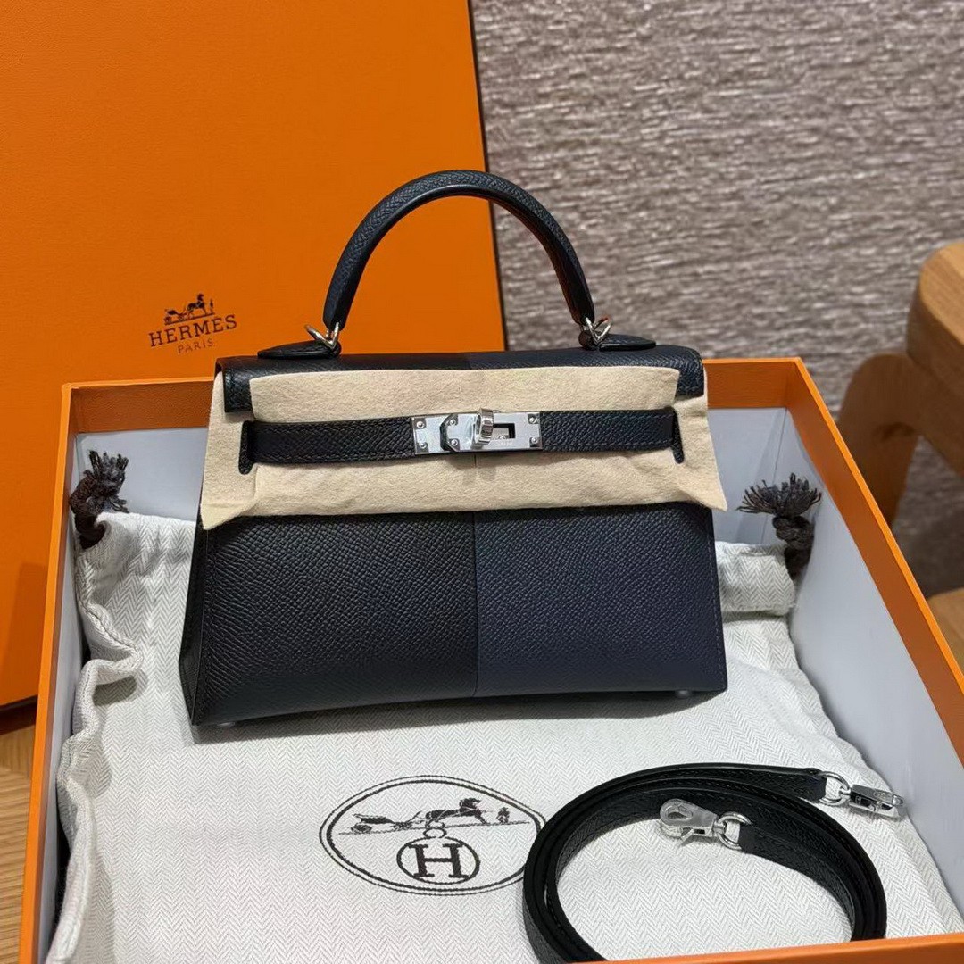 Hermes Kelly Mini 2 19CM Bag Handmade In Epsom Calfskin Leather Silver Hardware 89 Noir 76 Blue Indigo K1 Rouge Grenat