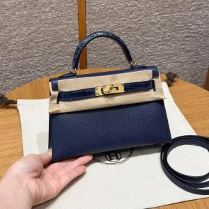 Hermes Kelly Mini 2 19CM Bag Handmade In Epsom Calfskin Leather and Bright Faced American Alligator Gold Hardware 73 Blue Saphir