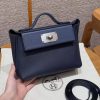 Hermes Kelly Mini 2424 24/24 Bag 21CM Handmade In Evercolor and Swift Calfskin Leather Silver Hardware 73 Blue Saphir