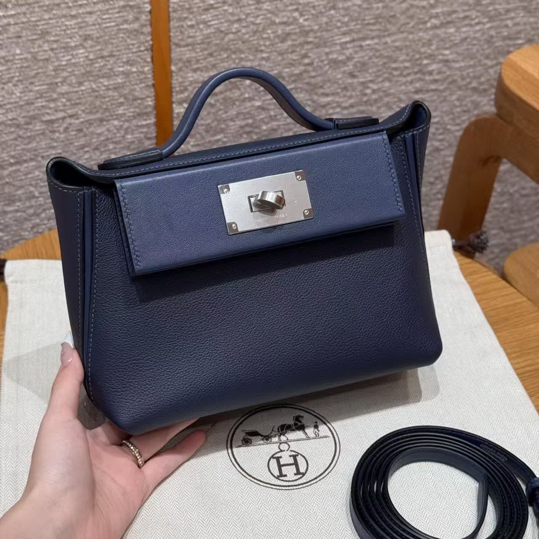Hermes Kelly Mini 2424 24/24 Bag 21CM Handmade In Evercolor and Swift Calfskin Leather Silver Hardware 73 Blue Saphir