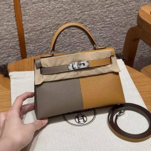 Hermes Kelly Mini 2 19CM Bag Handmade In Epsom Calfskin Leather Silver Hardware 18 Etoupe 2S Sesame 2Z Blue Nuit