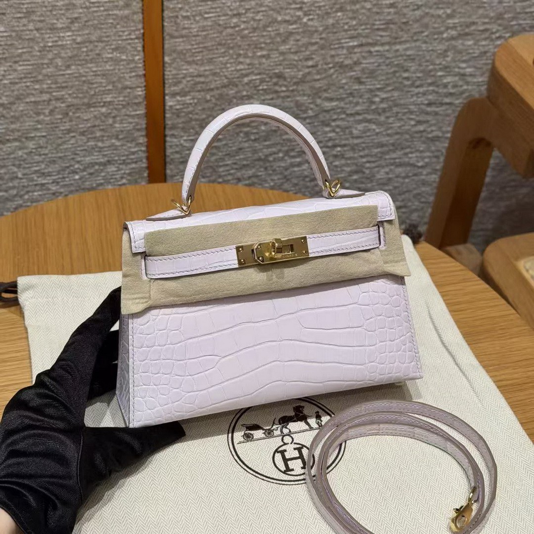 Hermes Kelly Mini 2 19CM Bag Handmade In Alligator Imported Leather From Mississippi Gold Hardware 09 Mauve Pale