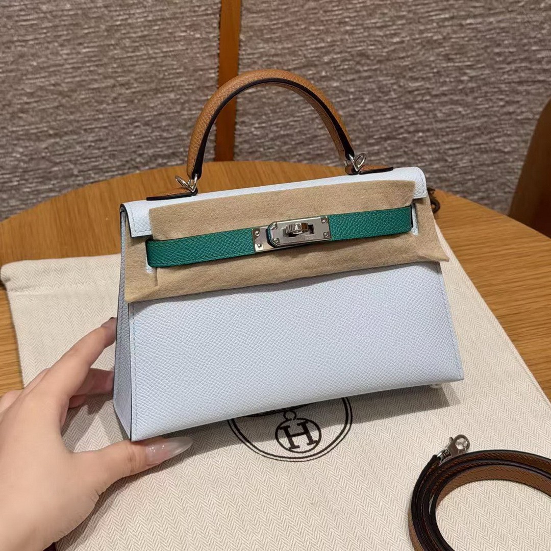 Hermes Kelly Mini 2 19CM Bag Handmade In Epsom Calfskin Leather Silver Hardware T0 Blue Brume 37 Gold O6 Vert Jade