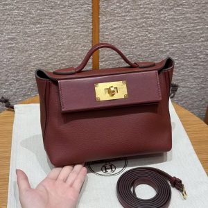 Hermes Kelly Mini 2424 24/24 Bag 21CM Handmade In Evercolor and Swift Calfskin Leather Gold Hardware 55 Rouge H