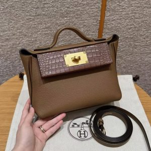 Hermes Kelly Mini 2424 24/24 Bag 21CM Handmade In Togo Calfskin Leather Matte American Crocodile Gold Hardware 3G Alezan